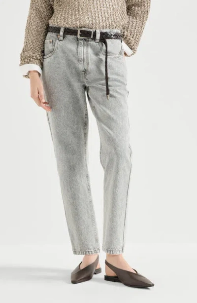 Brunello Cucinelli Authentic Denim Straight Trousers With Shiny Bartack In Gray