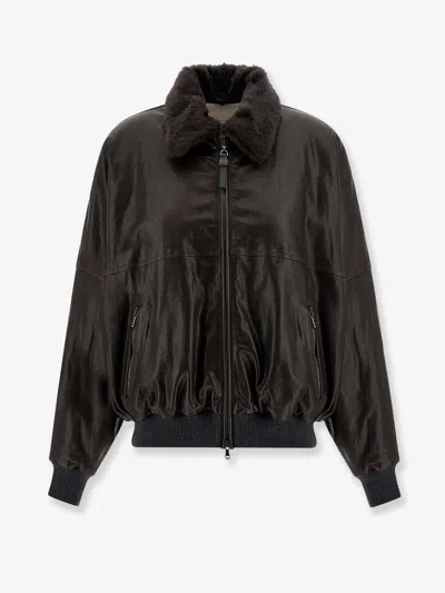 Brunello Cucinelli Aviator Leather Bomber In Brown