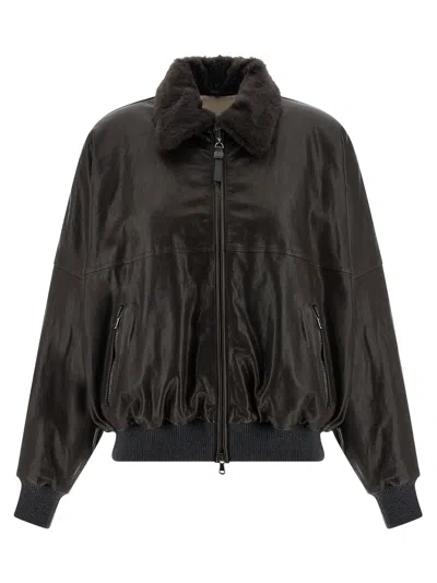 BRUNELLO CUCINELLI AVIATOR PUFFER JACKETS BROWN