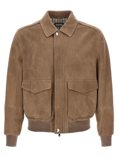 Brunello Cucinelli Brown Jacket In Suede With Pockets