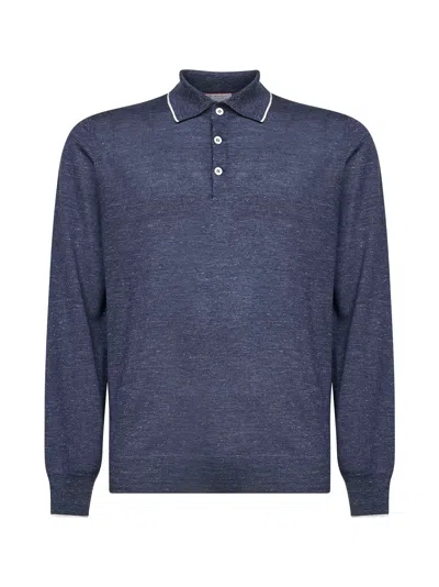 Brunello Cucinelli Avio Blue Cashmere, Silk And Hemp Knit Polo Shirt