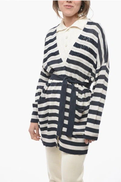 Brunello Cucinelli Awning Stripe Cotton Cardigan With Sequines In Blue