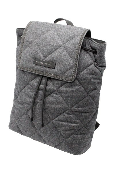Brunello Cucinelli Backpack With Diamond Pattern In Wool And Leather Embellished With Rows Of Jewels. Measures 30 X 35  In Grey