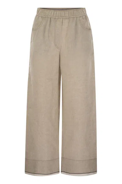 Brunello Cucinelli Baggy Crop Linen Trousers With Shiny Cuffs In Light Beige
