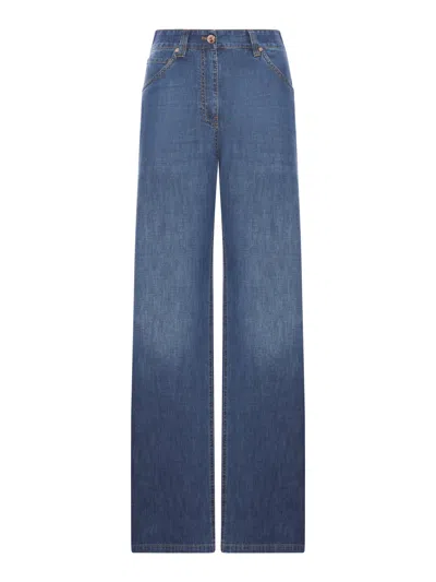 Brunello Cucinelli Baggy Lightweight Denim Trousers With Furniture In Blue