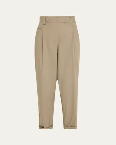 Brunello Cucinelli Baggy Poplin Cropped Pull-on Pants In C2947 Fossil