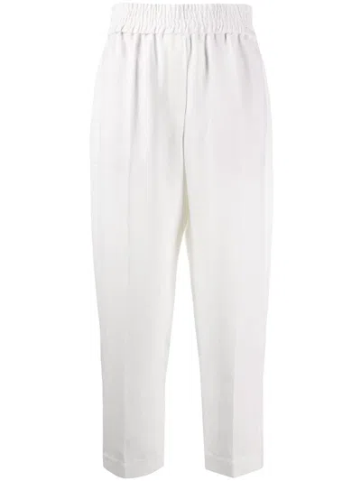 Brunello Cucinelli Baggy Pull-up Trousers In Viscose And Linen Fluid Twill In White