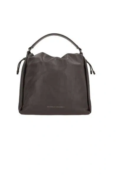 Brunello Cucinelli Brown Medium Crossbody Bag With Monile Detail In Soft Leather Woman In Grey