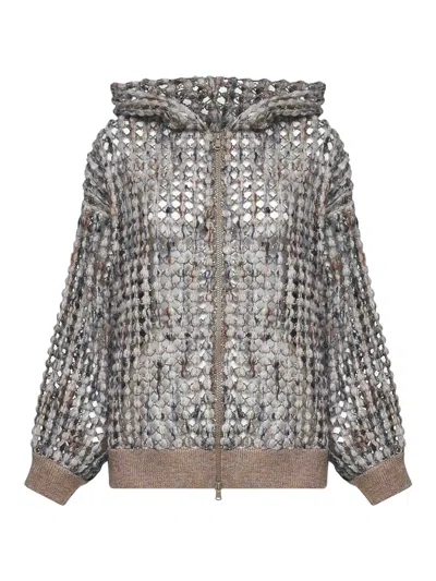 Brunello Cucinelli Balloon Net Embroidery Zip-up Hooded Cardigan In Gray