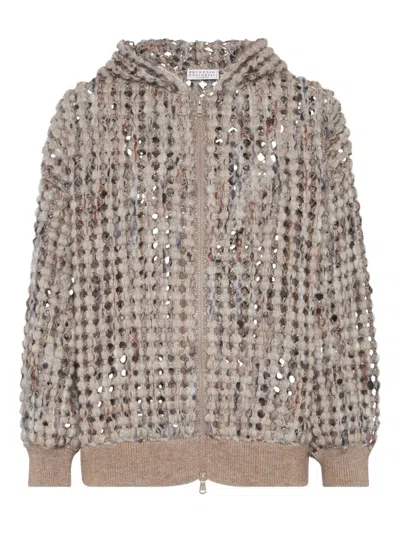 Brunello Cucinelli Balloon Sequin-embellished Zip-up Cardigan In Neutral