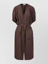 Brunello Cucinelli Balloon Sleeve Cotton Poplin Dress With Monili Embroidery In Brown