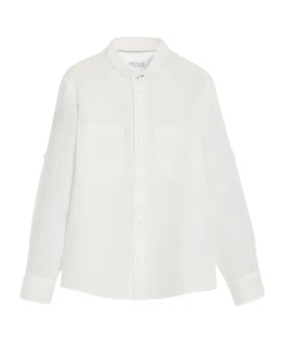 Brunello Cucinelli Band-collar Linen Shirt In 白色
