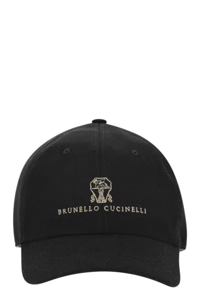 Brunello Cucinelli Baseball Cap In Garment-dyed Twisted Cotton Gabardine With Embroidered Logo In Black