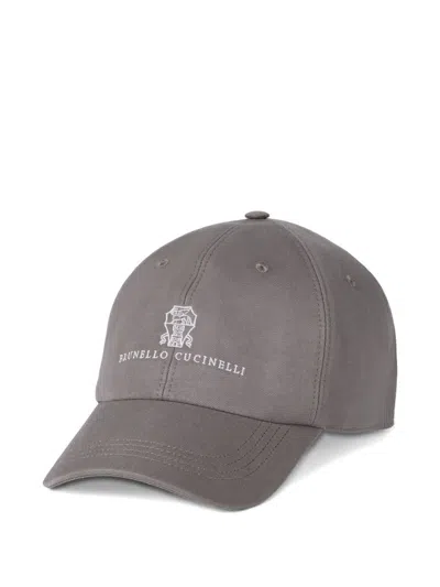 Brunello Cucinelli Baseball Cap In Garment-dyed Twisted Cotton Gabardine With Embroidered Logo In Gray