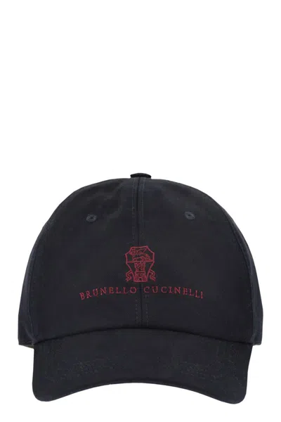 Brunello Cucinelli Baseball Cap In Garment-dyed Twisted Cotton Gabardine With Embroidered Logo In Blue