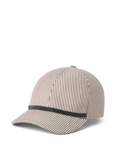 Brunello Cucinelli Baseball Hat In Cotton And Linen With White And Brown Stripes