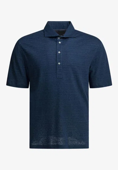 Brunello Cucinelli Short Sleeve Polo Shirt Straight Cut Collar In Blue
