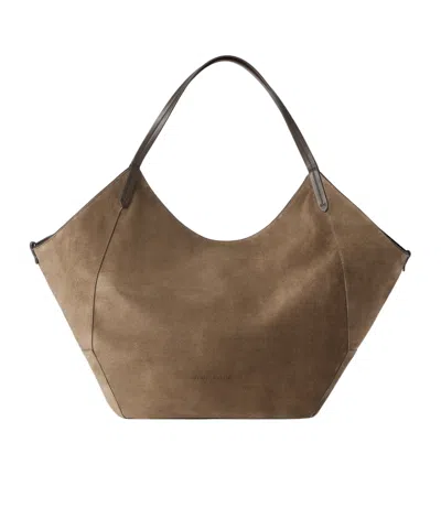 Brunello Cucinelli Bc Duo Shopper In Water-resistant Alpaca And Wool Prince Of Wales With Monili In Brown