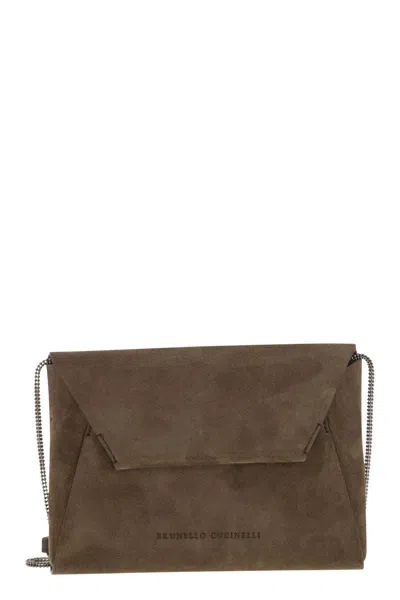 BRUNELLO CUCINELLI BRUNELLO CUCINELLI BC DUO SUEDE CLUTCH BAG WITH PRECIOUS CHAIN