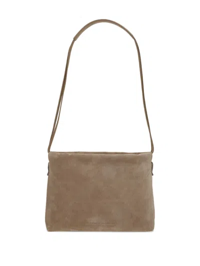 Brunello Cucinelli Women Suede Shoulder Bag With Logo On The Front In Brown