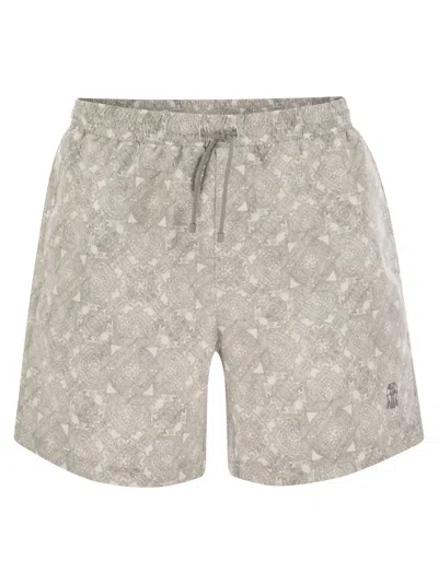 Brunello Cucinelli Beach Swimsuit With Paisley Design In Pearl