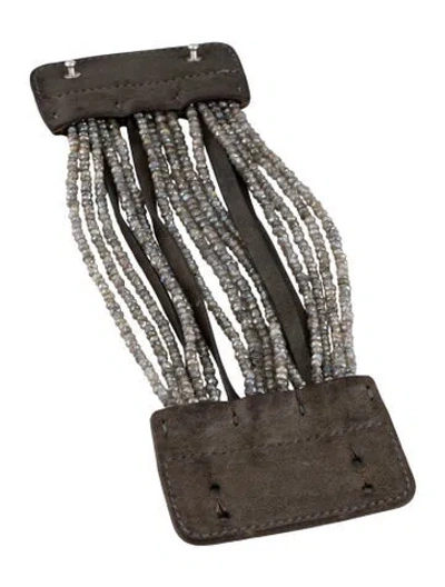 Pre-owned Brunello Cucinelli Bead & Leather Wrap Bracelet, 6" In Gray