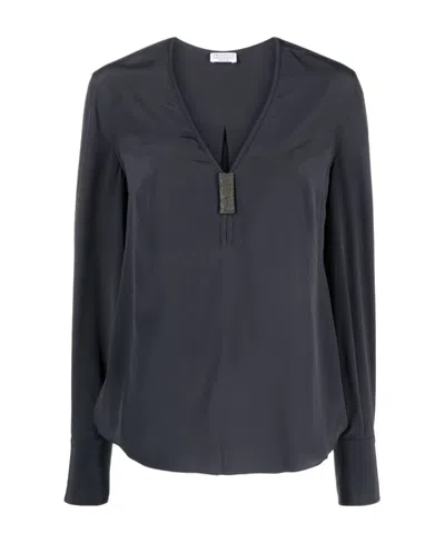 BRUNELLO CUCINELLI BRUNELLO CUCINELLI BEAD DETAILED V-NECK BLOUSE