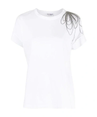Brunello Cucinelli Bead-embellished Cotton T-shirt In White