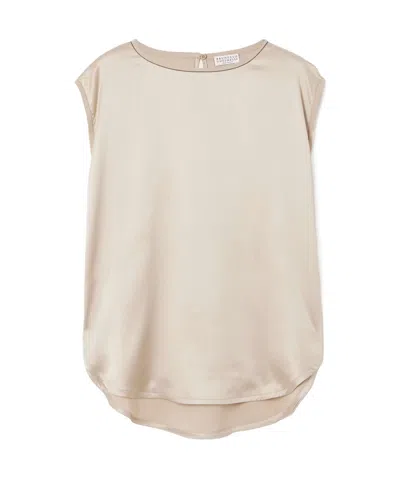 Brunello Cucinelli Bead-embellished Silk-blend Satin Top In Neutrals