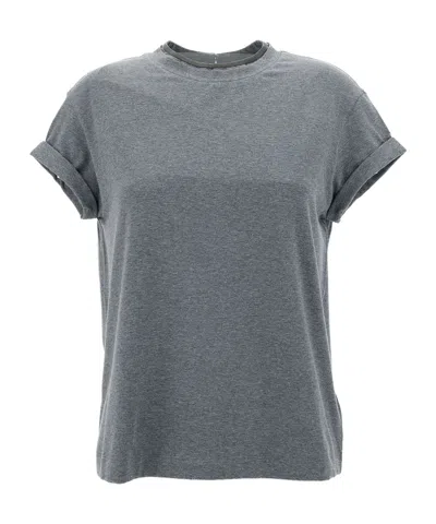 Brunello Cucinelli Bead-embellished T-shirt In Gray