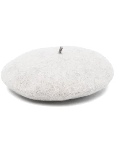 Brunello Cucinelli Bead Embellished Wool Beret In Grey