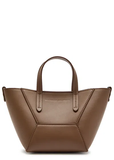 Brunello Cucinelli Bead Mini Leather Tote Bag In Orange