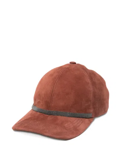 Brunello Cucinelli Red Embellished Baseball Hat In Brown
