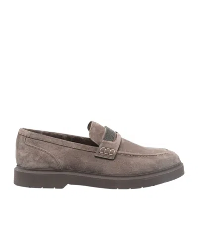 Brunello Cucinelli Beaded Almond Toe Penny Loafers In Gray