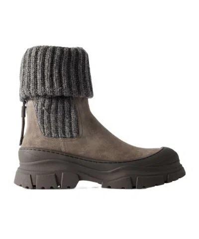Brunello Cucinelli Bead-embellished Ribbed Wool-trimmed Suede Chelsea Boots In Brown