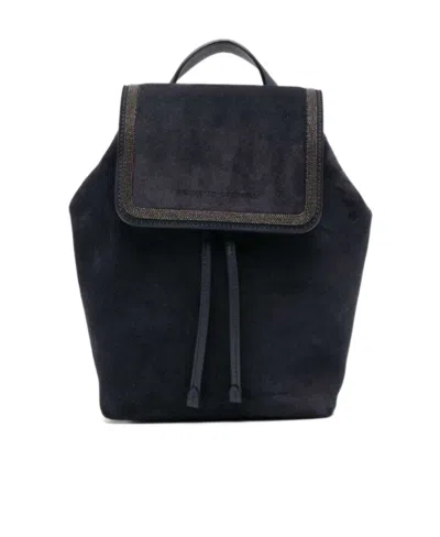 Brunello Cucinelli Beaded Foldover Suede Backpack In Black