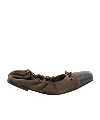 Brunello Cucinelli Beaded Leather Ballerina Shoes In Brown