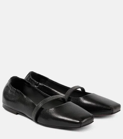 Brunello Cucinelli Beaded Leather Ballet Flats In Black