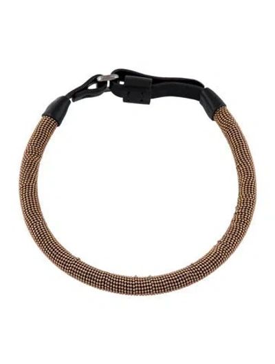 Pre-owned Brunello Cucinelli Beaded Leather Choker Necklace, 12" In Black