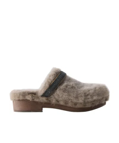 Brunello Cucinelli Bead-embellished Shearling Clogs In Brown