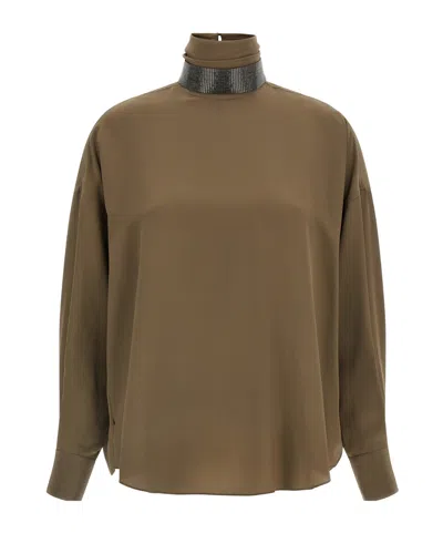 BRUNELLO CUCINELLI BEADED-NECK HIGH-NECK BLOUSE