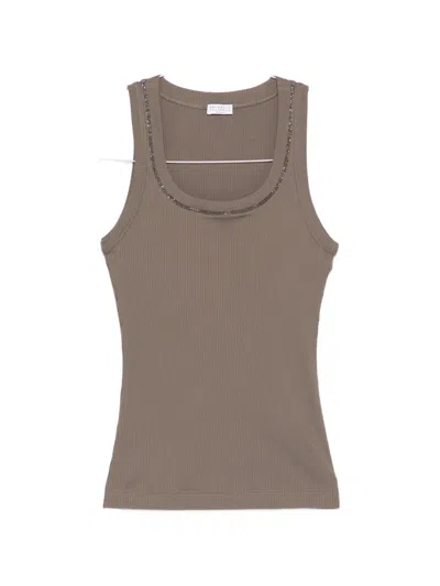Brunello Cucinelli Beaded Ribbed Tank Top In Brown
