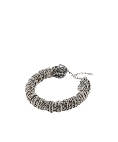 Brunello Cucinelli Beaded Silver Necklace In Metallic