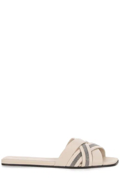 Brunello Cucinelli Beaded Slip-on Sandals In White