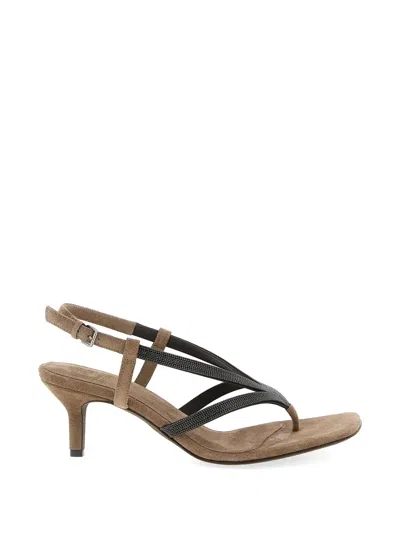 Brunello Cucinelli Suede Slingback Sandals With Monili Straps In Multi