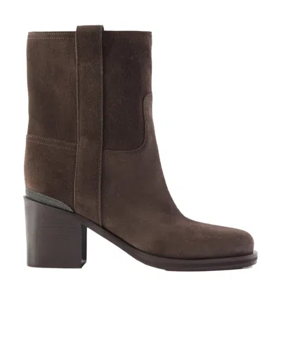 Brunello Cucinelli Bead-embellished Suede Ankle Boots In Brown