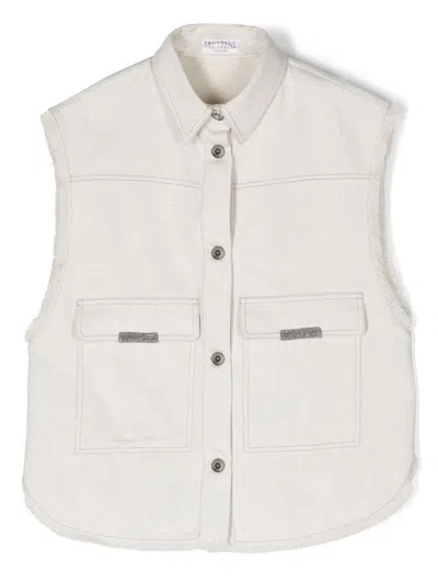 Brunello Cucinelli Kids' Beaded-trim Denim Jacket In Neutrals