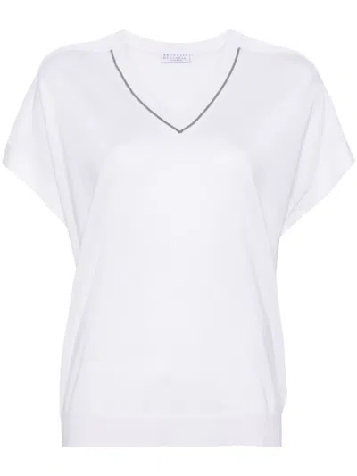 Brunello Cucinelli Monili V-neck Short-sleeve Cotton Jersey T-shirt In White