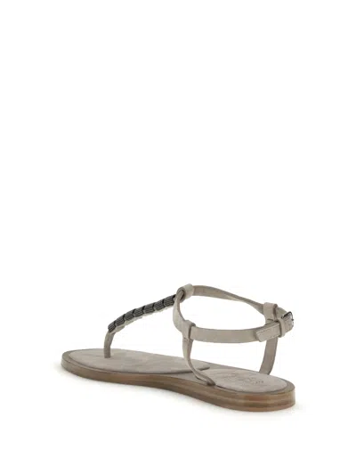 Brunello Cucinelli Beaded T-strap Calfskin Sandal In Gray