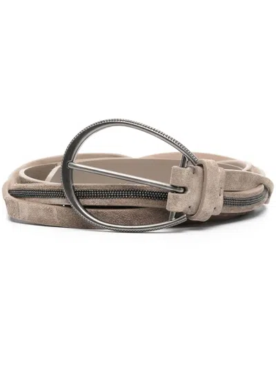 Brunello Cucinelli Beaded Twist Leather Belt In Beige